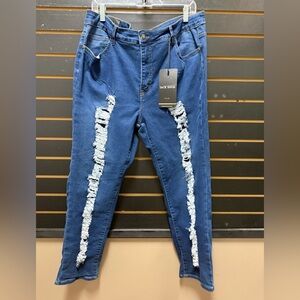 NWT Jack David Plus Distressed Jeans Sz 24 Blue High-Rise Shredded Front Denim